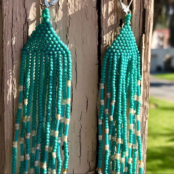Handmade Turquoise Beaded Boho Long Earrings - Picture 4 of 6